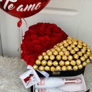 Caja corazón mitad rosas, mitad ferreros